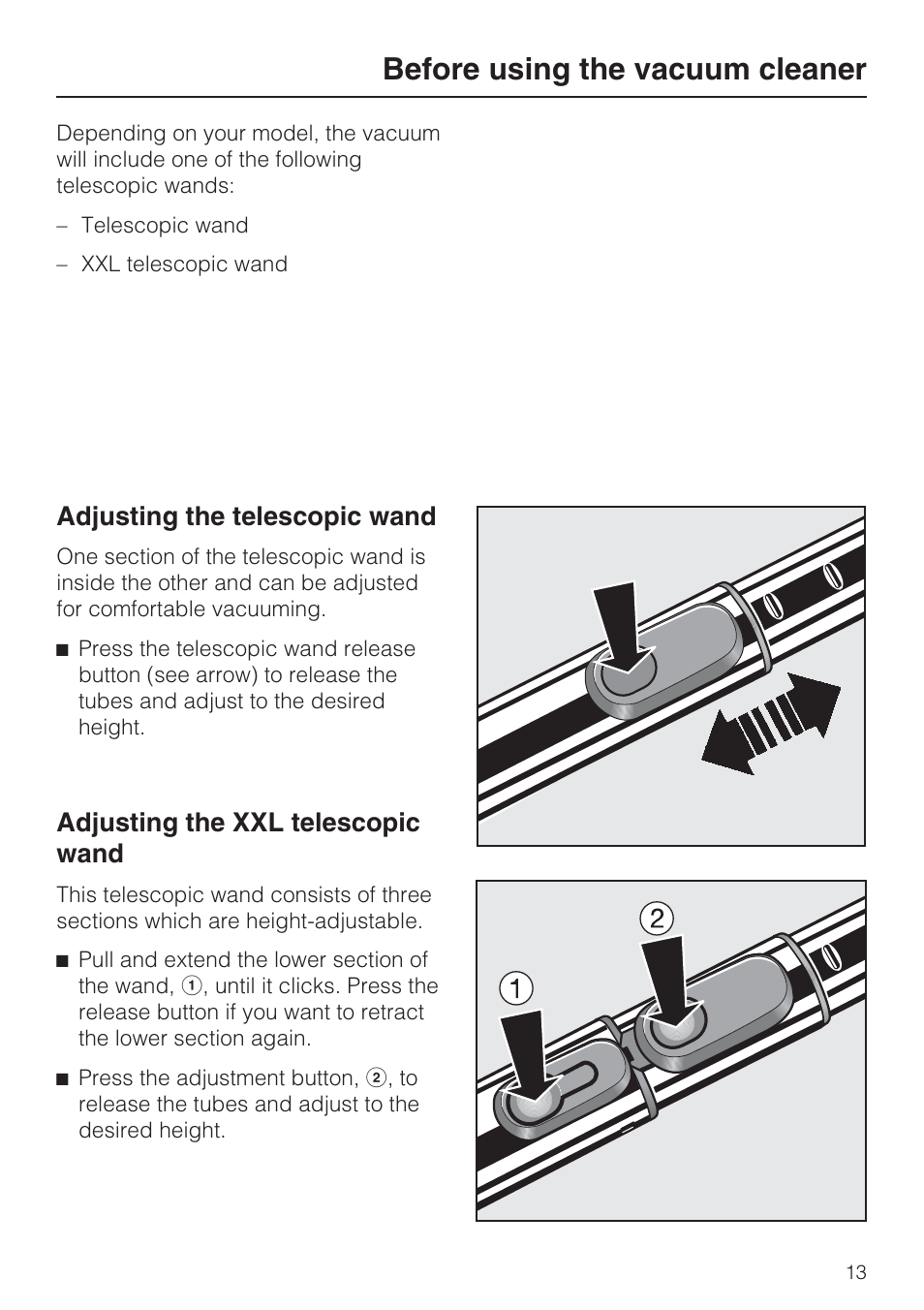 Before using the vacuum cleaner, Adjusting the telescopic wand, Adjusting the xxl telescopic wand | Miele S 4002 User Manual | Page 13 / 40