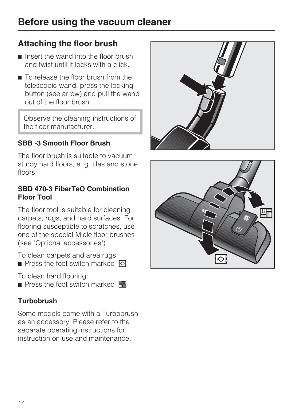 Before using the vacuum cleaner, Attaching the floor brush | Miele S 4002 User Manual | Page 14 / 40