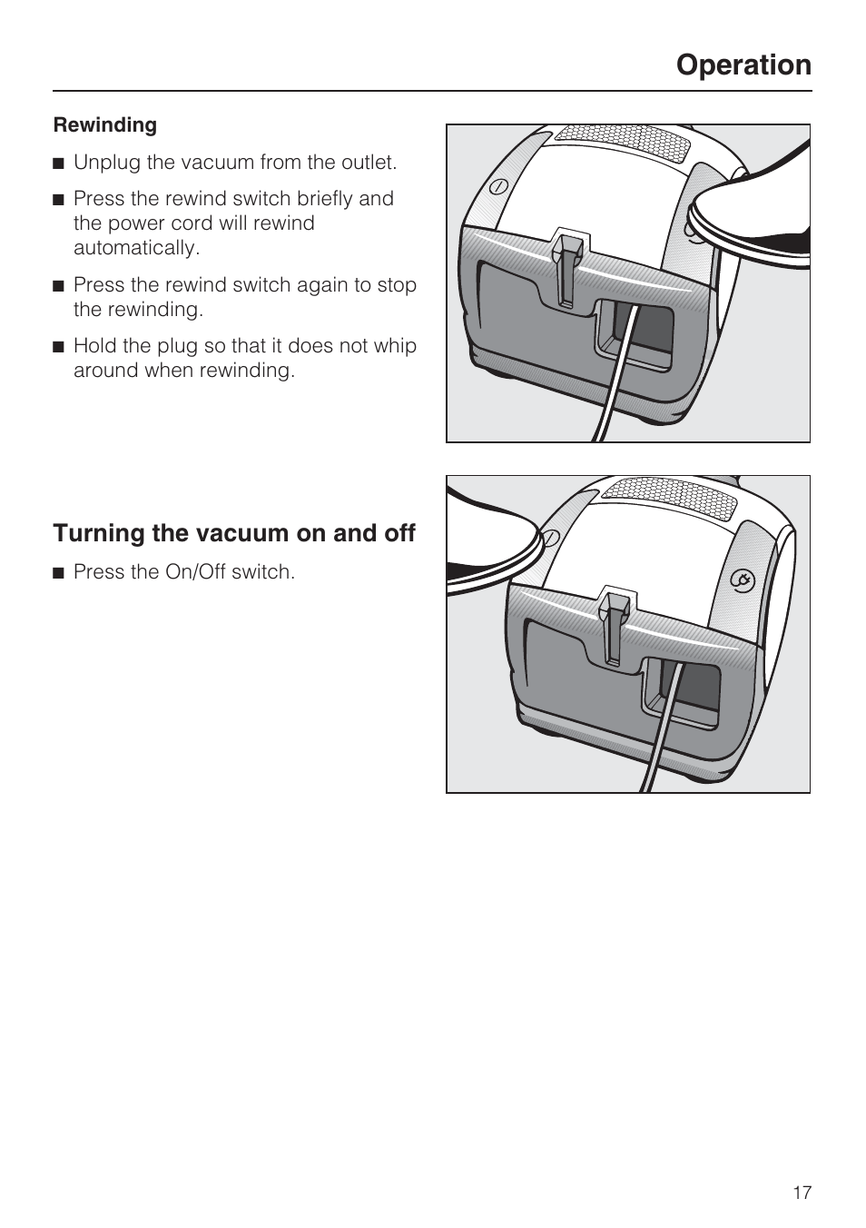 Turning the vacuum on and off 17, Operation, Turning the vacuum on and off | Miele S 4002 User Manual | Page 17 / 40