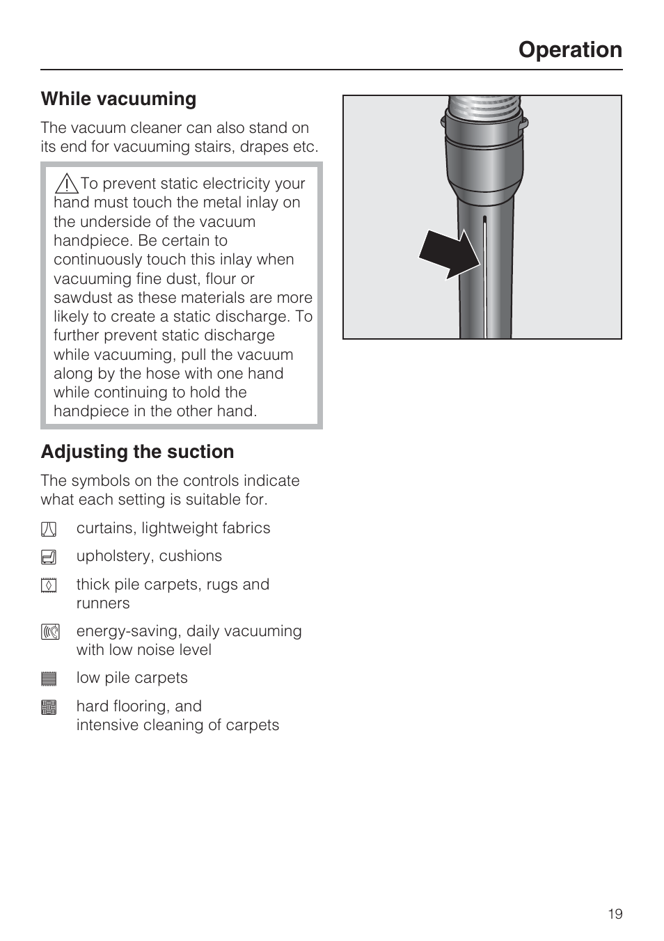 Adjusting the suction 19, Operation | Miele S 4002 User Manual | Page 19 / 40