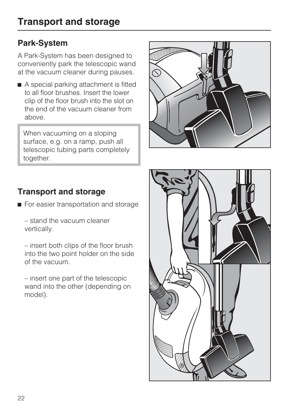 Transport and storage 22, Park-system, Transport and storage | Miele S 4002 User Manual | Page 22 / 40