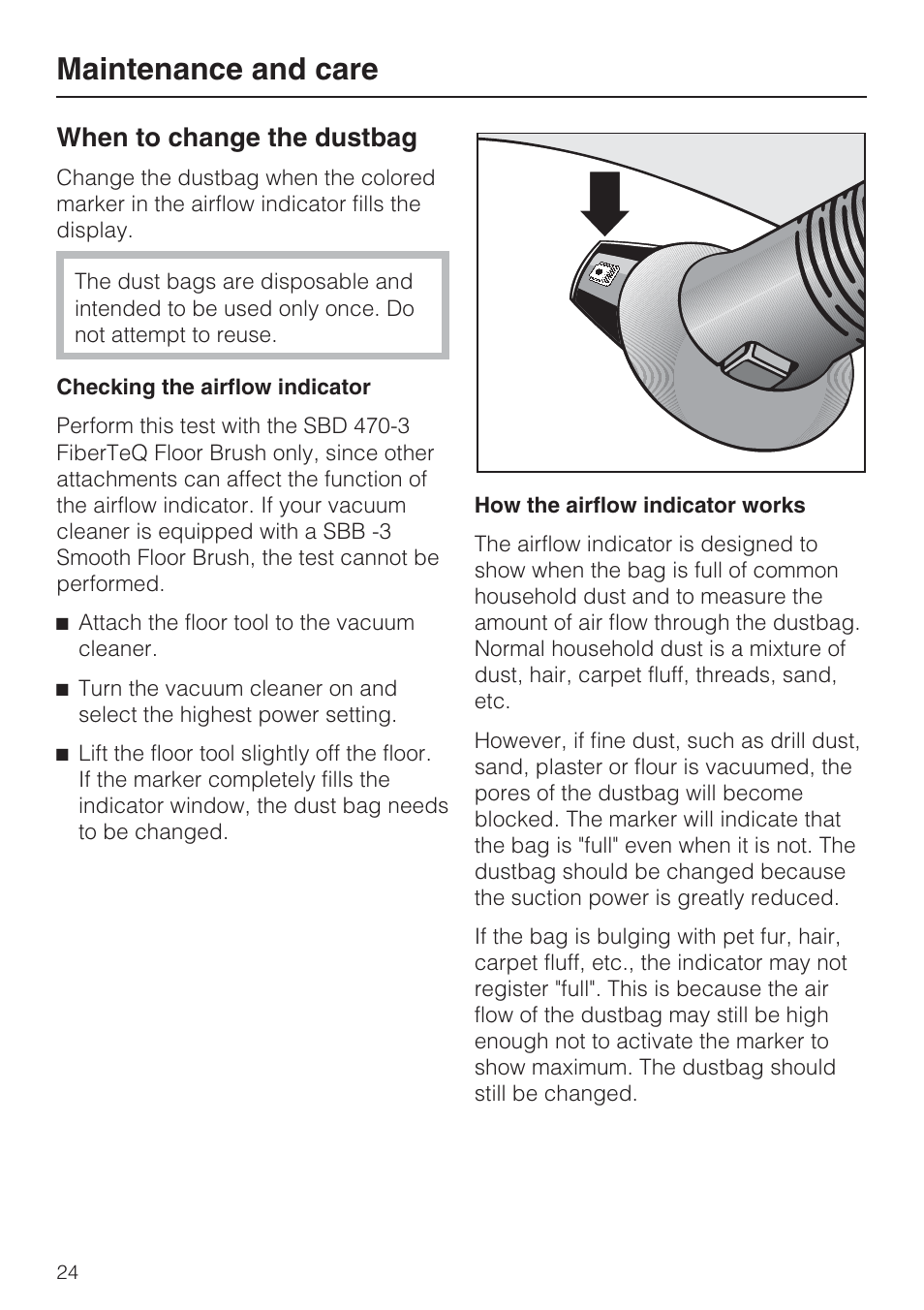 When to change the dustbag 24, Maintenance and care, When to change the dustbag | Miele S 4002 User Manual | Page 24 / 40