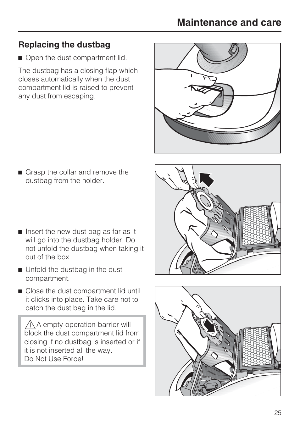 Replacing the dustbag 25, Maintenance and care, Replacing the dustbag | Miele S 4002 User Manual | Page 25 / 40
