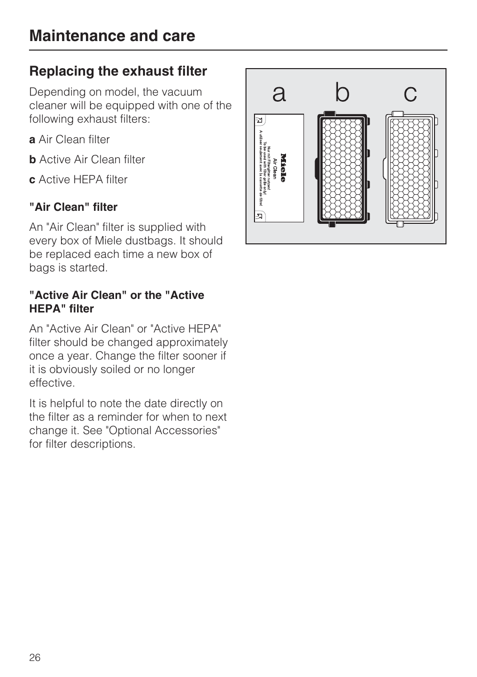 Replacing the exhaust filter 26, Maintenance and care, Replacing the exhaust filter | Miele S 4002 User Manual | Page 26 / 40
