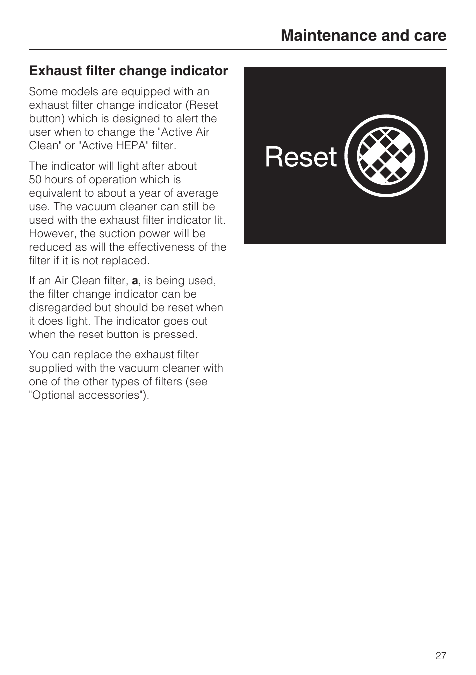 Exhaust filter change indicator 27, Maintenance and care | Miele S 4002 User Manual | Page 27 / 40