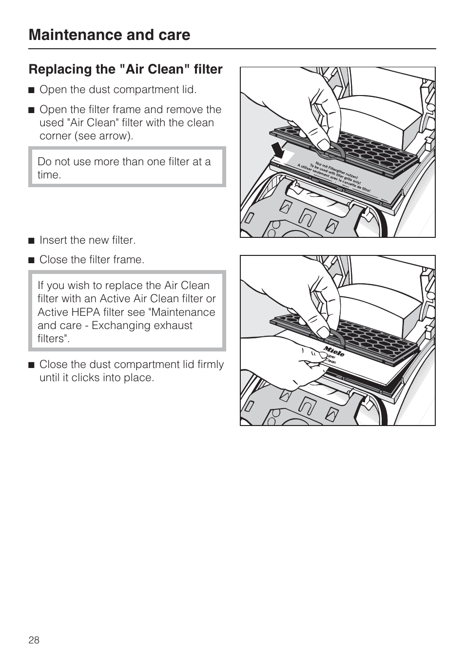 Replacing the "air clean" filter 28, Maintenance and care, Replacing the "air clean" filter | Miele S 4002 User Manual | Page 28 / 40