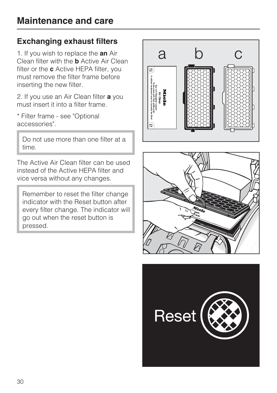 Exchanging exhaust filters 30, Maintenance and care, Exchanging exhaust filters | Miele S 4002 User Manual | Page 30 / 40