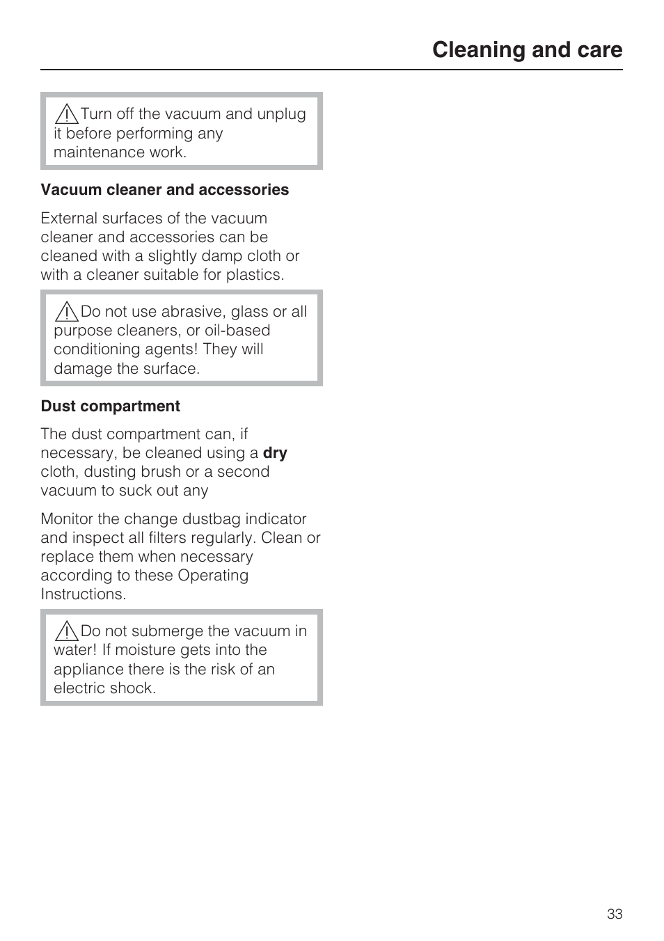 Cleaning and care 33, Cleaning and care | Miele S 4002 User Manual | Page 33 / 40