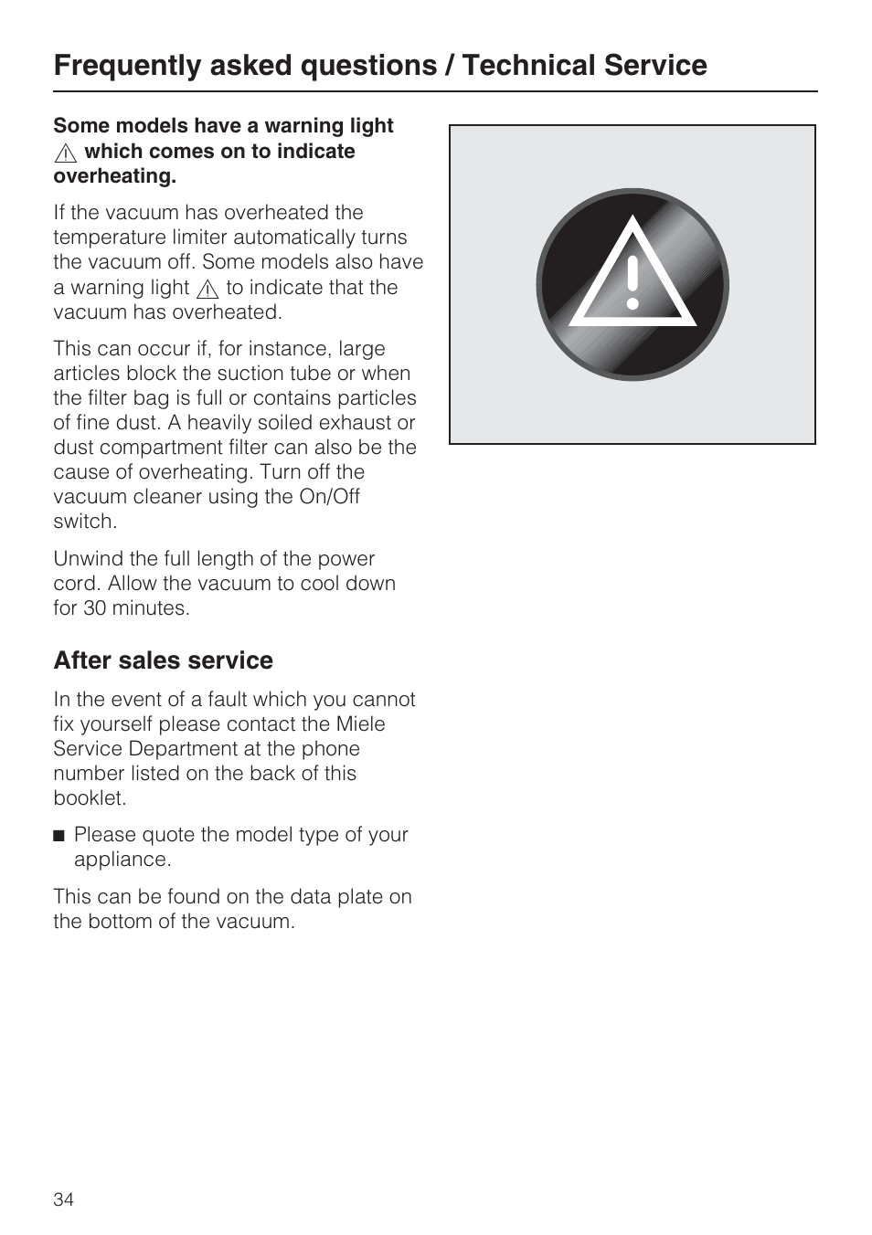 Frequently asked questions / technical service 34, Frequently asked questions / technical service, After sales service | Miele S 4002 User Manual | Page 34 / 40