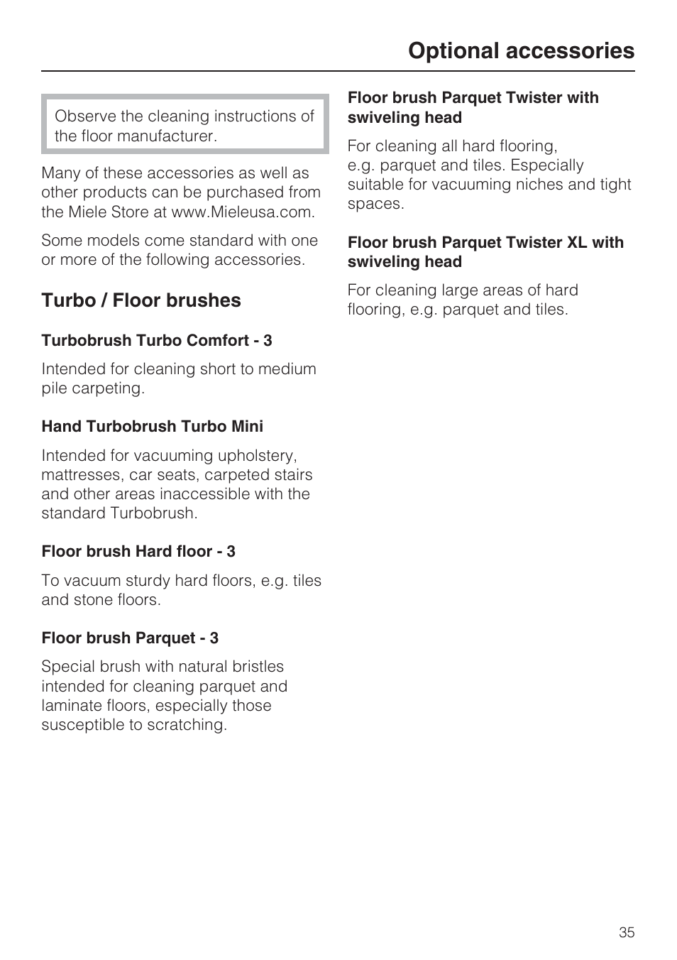 Optional accessories 35, Optional accessories, Turbo / floor brushes | Miele S 4002 User Manual | Page 35 / 40