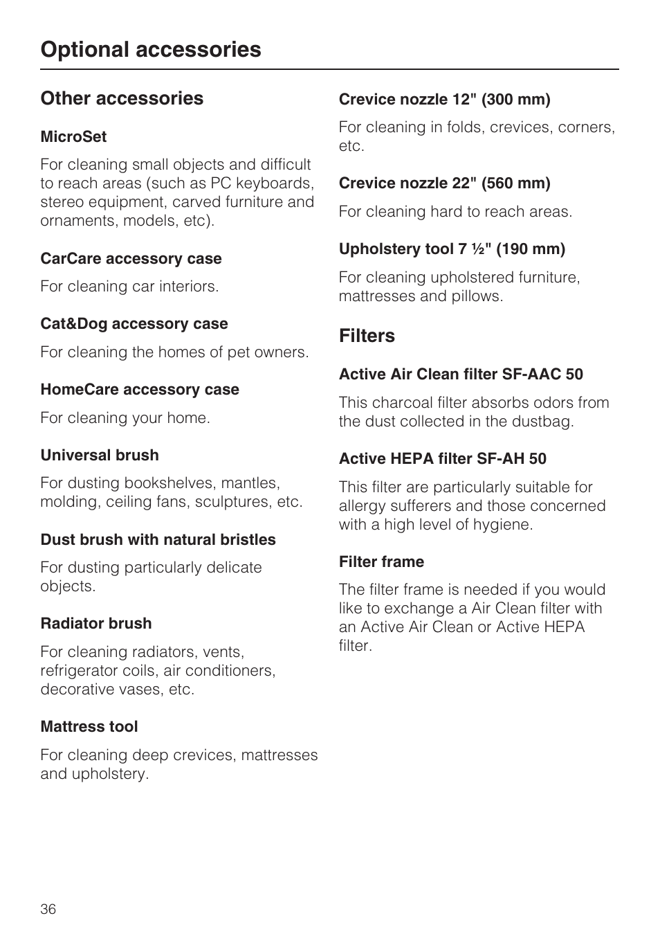 Optional accessories, Other accessories, Filters | Miele S 4002 User Manual | Page 36 / 40