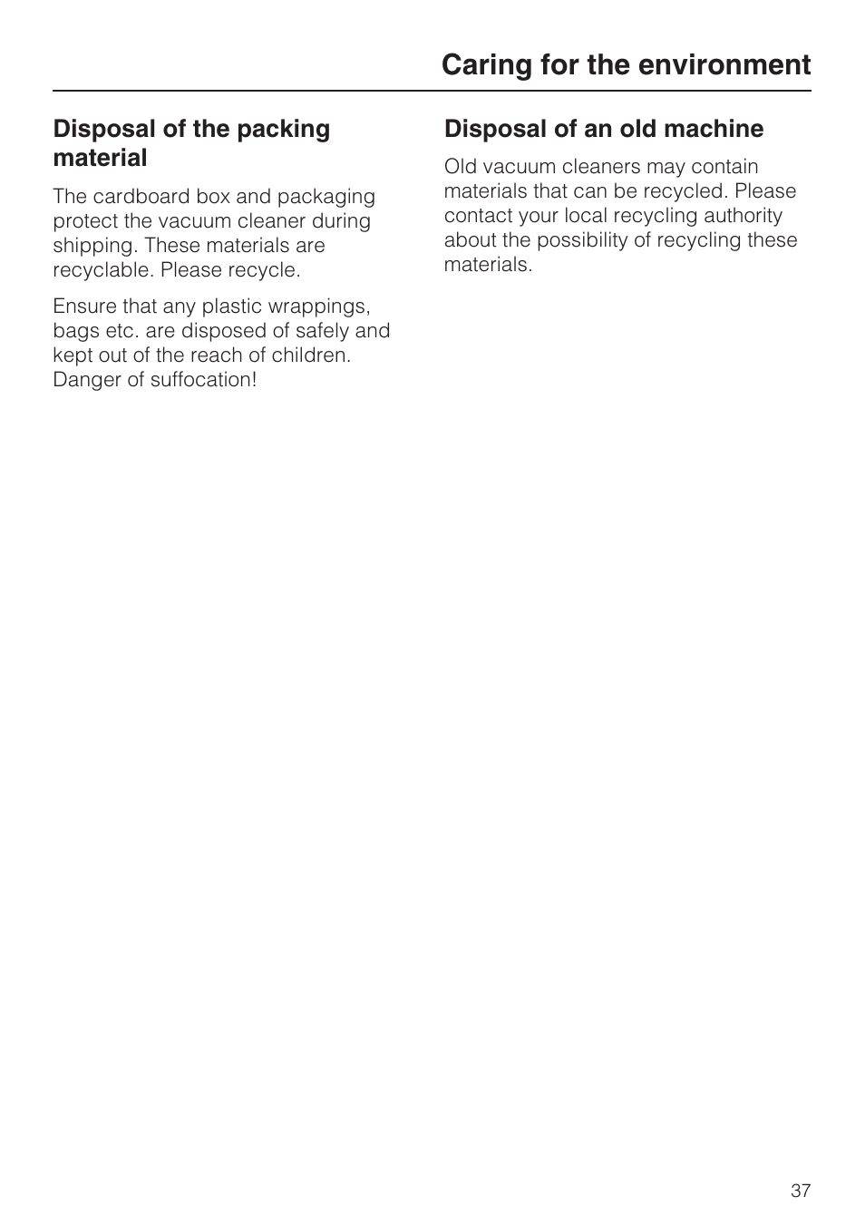 Caring for the environment 37, Caring for the environment | Miele S 4002 User Manual | Page 37 / 40