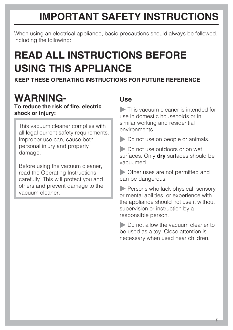 Important safety instructions 5, Read all instructions before using this appliance, Warning | Important safety instructions | Miele S 4002 User Manual | Page 5 / 40