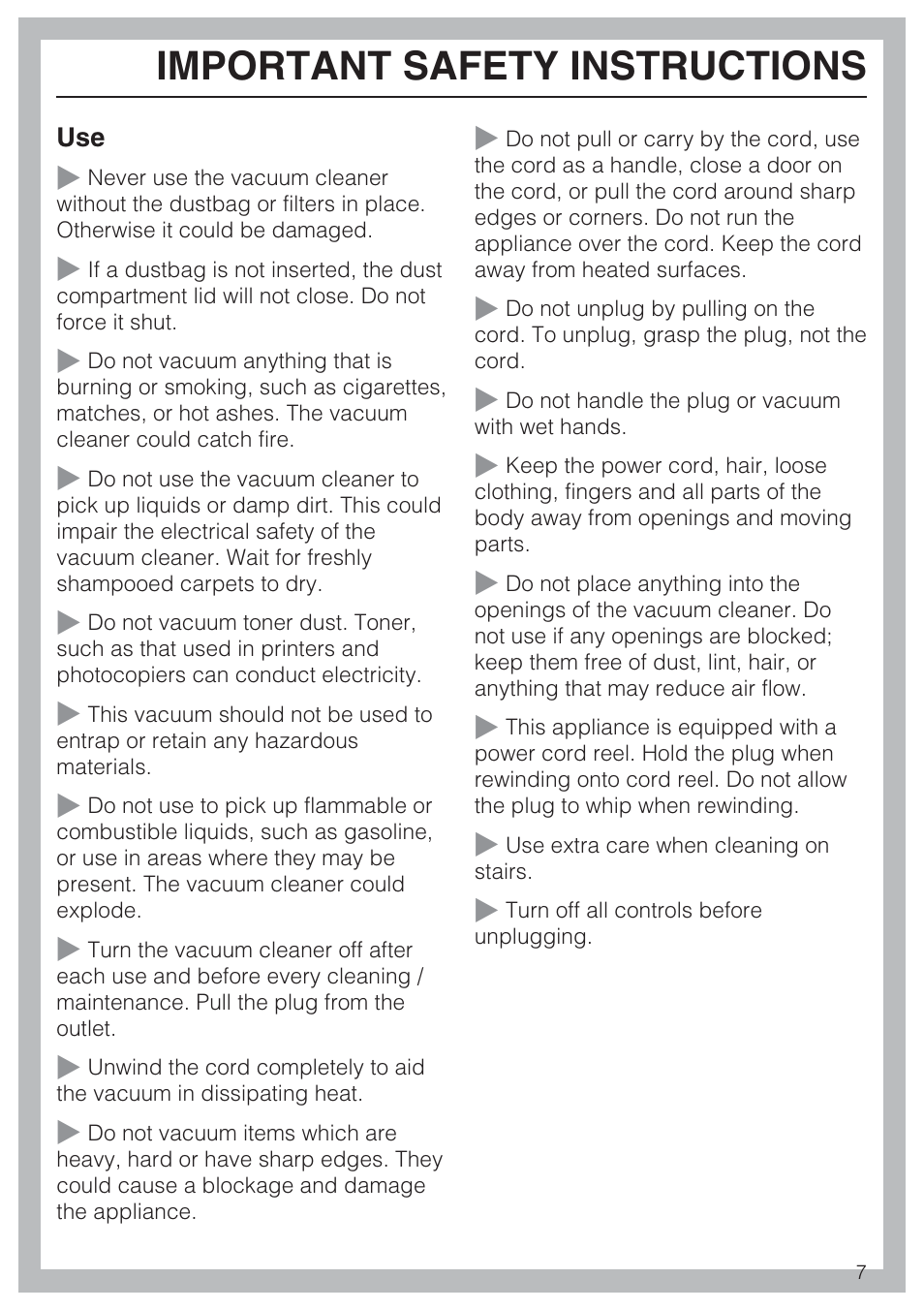 Important safety instructions | Miele S 4002 User Manual | Page 7 / 40