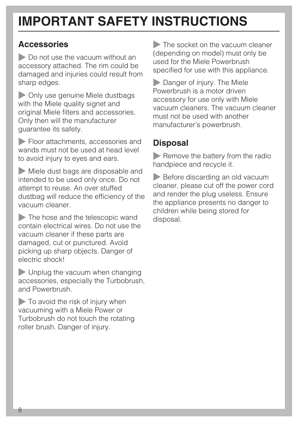 Important safety instructions | Miele S 4002 User Manual | Page 8 / 40