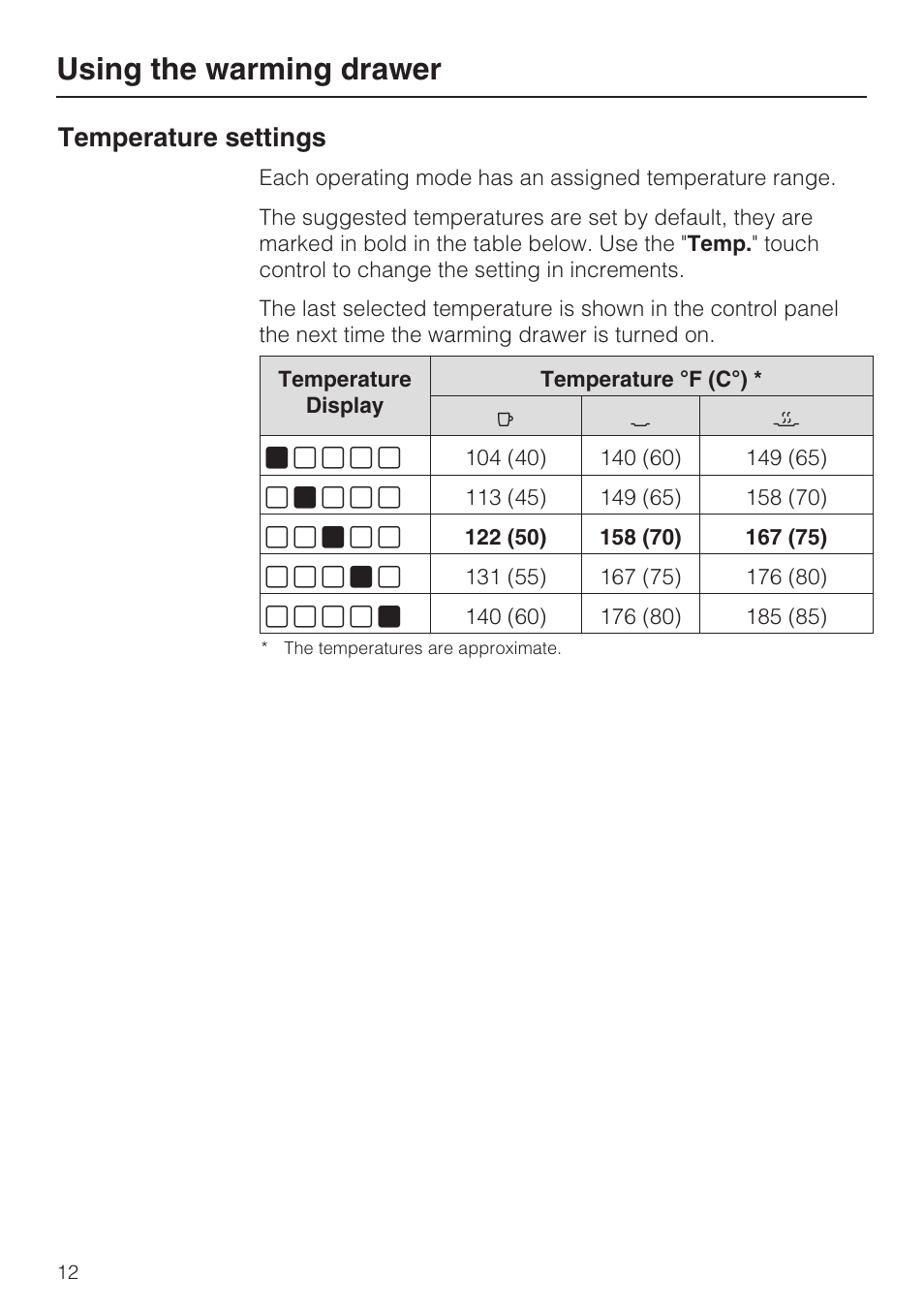 Temperature settings 12, Using the warming drawer, Temperature settings | Miele ESW 4088-14 User Manual | Page 12 / 40