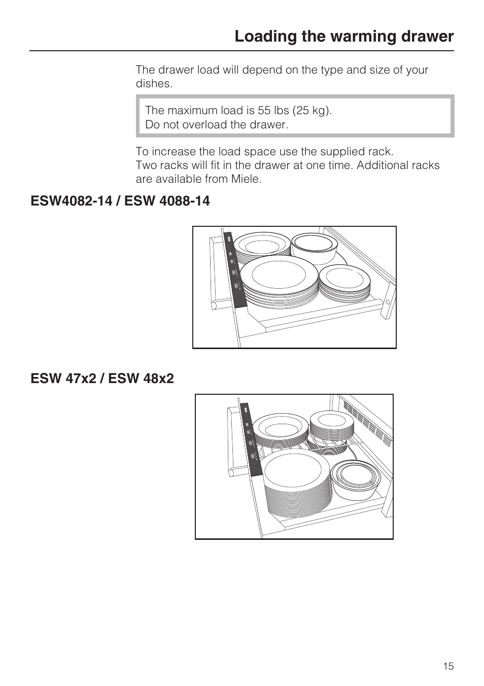 Loading the warming drawer 15, Loading the warming drawer | Miele ESW 4088-14 User Manual | Page 15 / 40