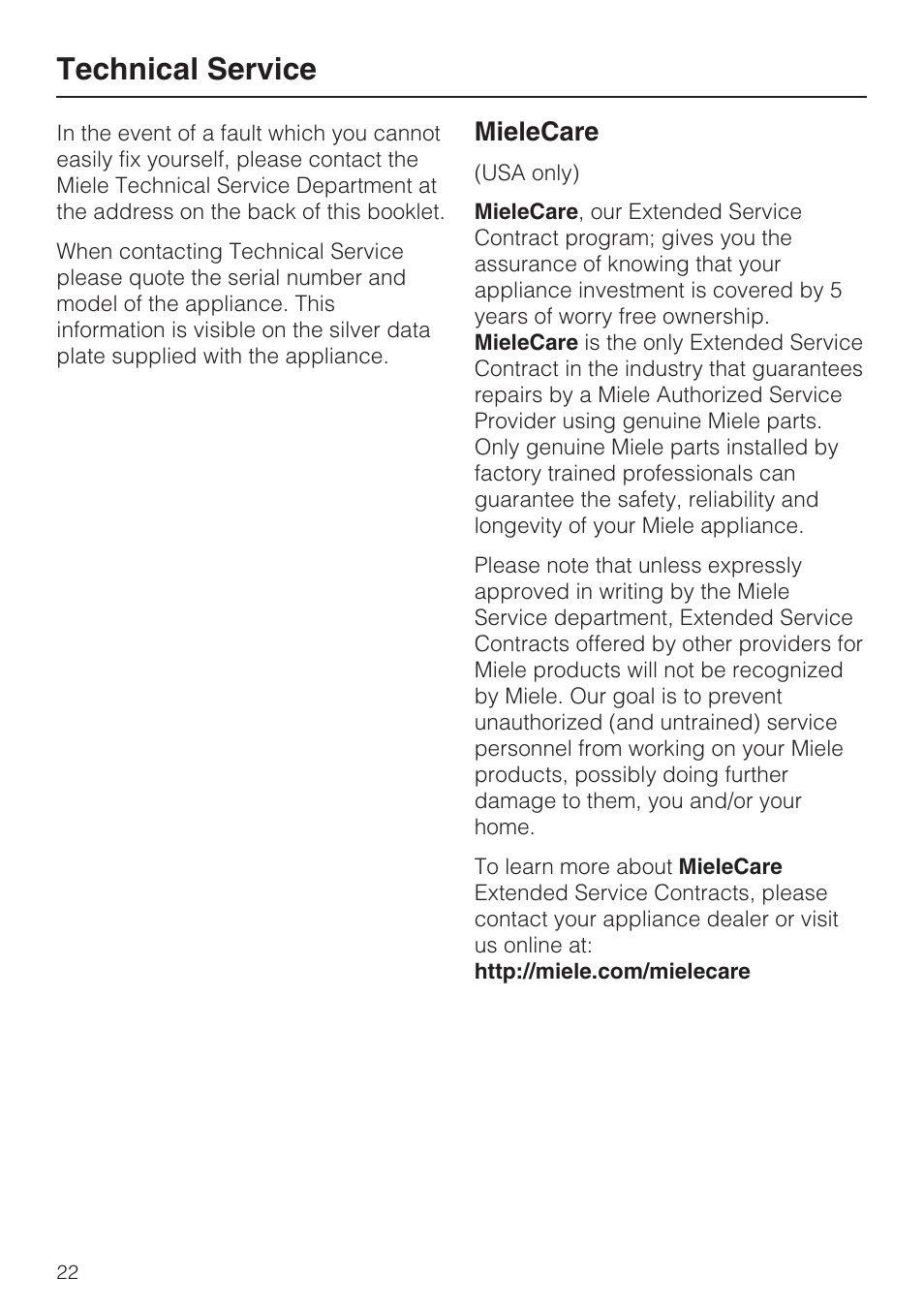 Technical service 22, Technical service, Mielecare | Miele ESW 4088-14 User Manual | Page 22 / 40