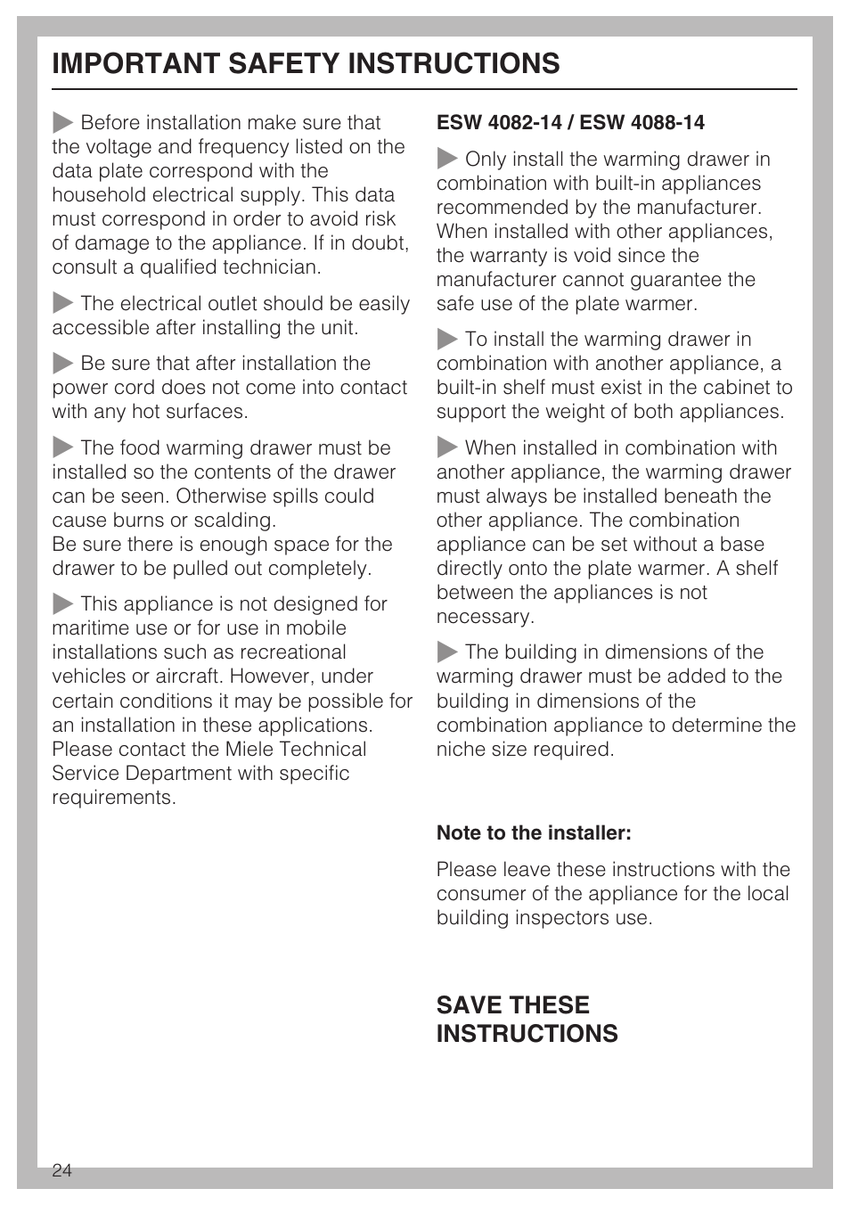 Important safety instructions 24, Important safety instructions | Miele ESW 4088-14 User Manual | Page 24 / 40