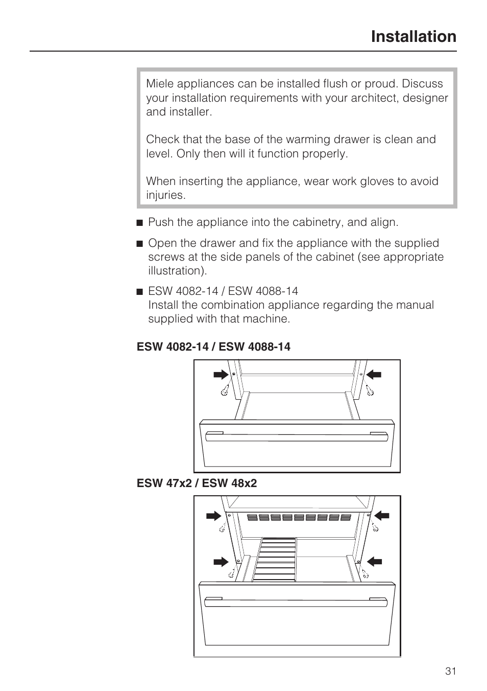 Installation 31, Installation | Miele ESW 4088-14 User Manual | Page 31 / 40