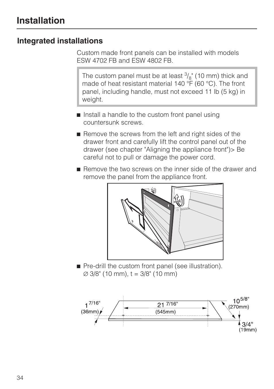 Integrated installations 34, Installation, Integrated installations | Miele ESW 4088-14 User Manual | Page 34 / 40