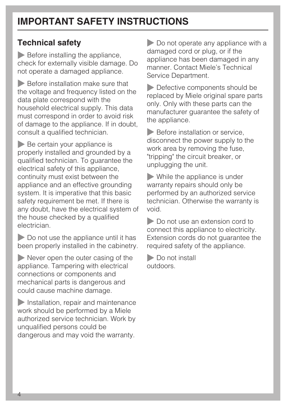 Important safety instructions | Miele ESW 4088-14 User Manual | Page 4 / 40