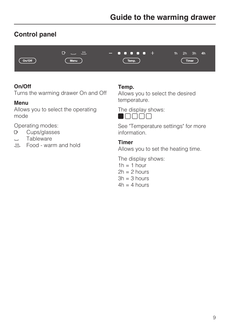Control panel 9, Guide to the warming drawer, Control panel | Miele ESW 4088-14 User Manual | Page 9 / 40