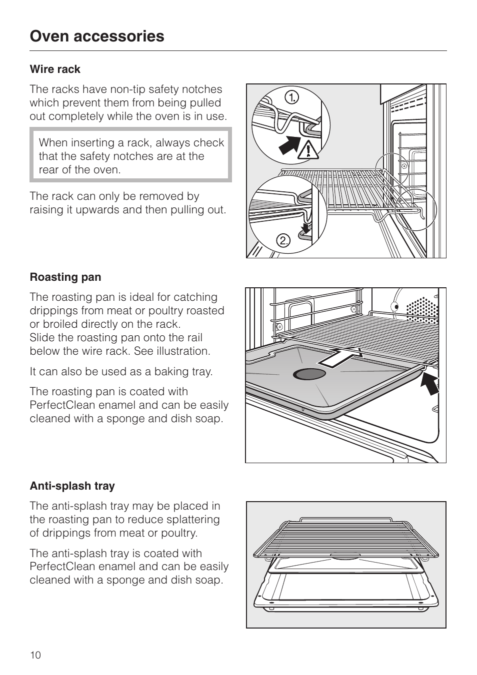 Oven accessories 10, Wire rack 10, Roasting pan 10 | Anti-splash tray 10, Oven accessories, Wire rack roasting pan anti-splash tray | Miele H398BP2 User Manual | Page 10 / 84
