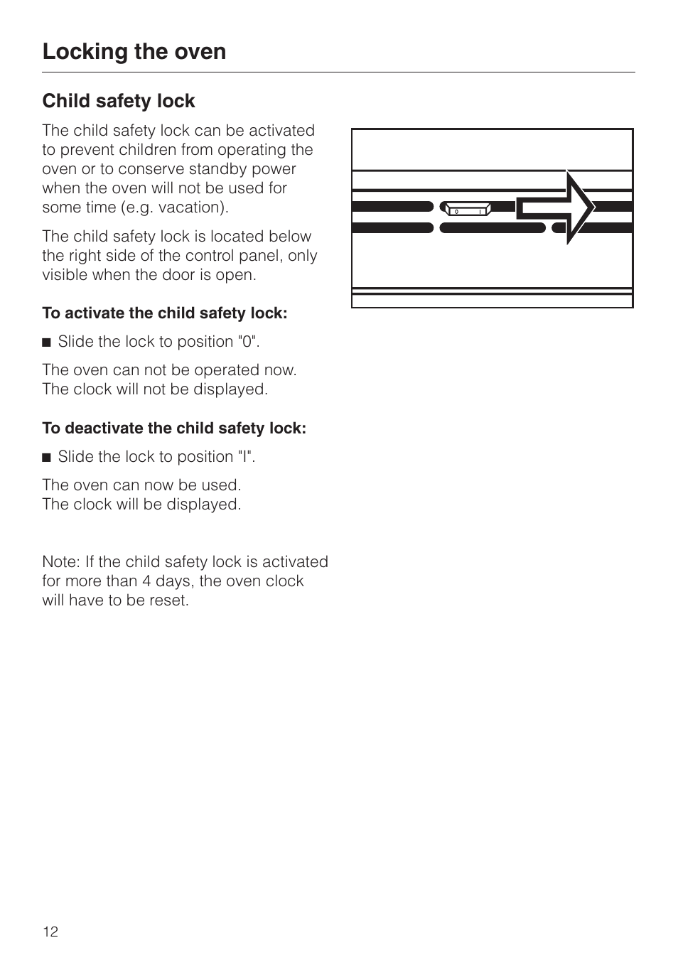 Locking the oven 12, Locking the oven, Child safety lock | Miele H398BP2 User Manual | Page 12 / 84