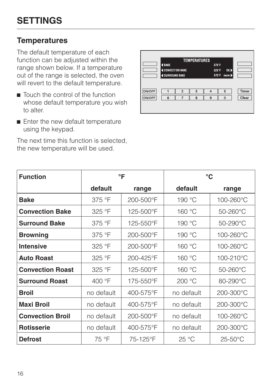 Temperatures 16, Temperatures, Settings | Miele H398BP2 User Manual | Page 16 / 84