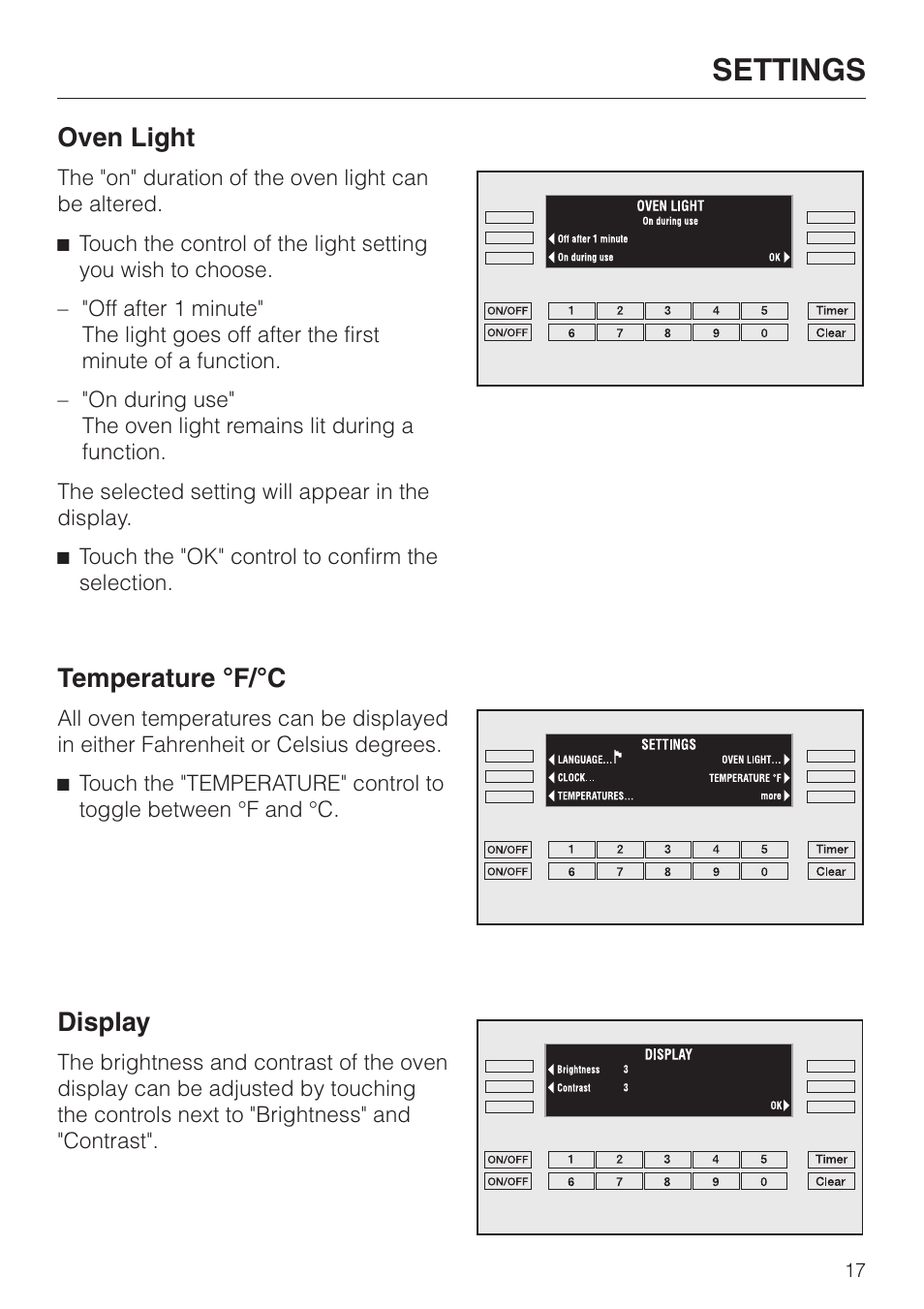 Oven light 17, Temperature °f/°c 17, Display 17 | Oven light temperature °f/°c display, Settings, Oven light, Temperature °f/°c, Display | Miele H398BP2 User Manual | Page 17 / 84