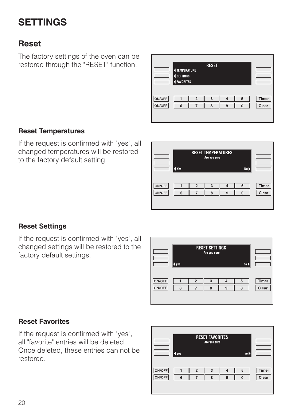 Reset 20, Reset, Settings | Miele H398BP2 User Manual | Page 20 / 84