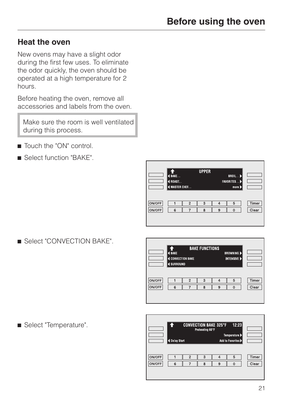 Before using the oven 21, Before using the oven, Heat the oven | Miele H398BP2 User Manual | Page 21 / 84