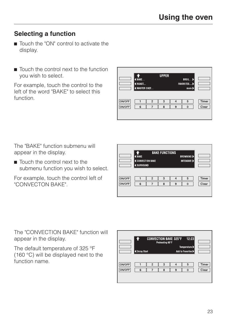 Using the oven 23, Selecting a function 23, Using the oven | Selecting a function | Miele H398BP2 User Manual | Page 23 / 84