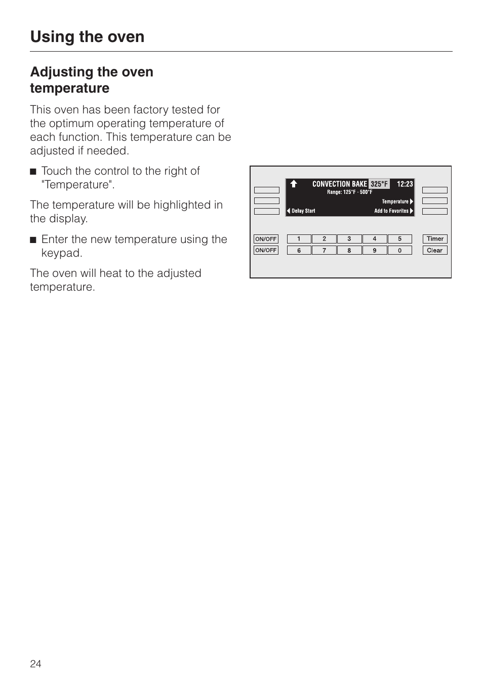 Adjusting the oven temperature 24, Adjusting the oven temperature, Using the oven | Miele H398BP2 User Manual | Page 24 / 84
