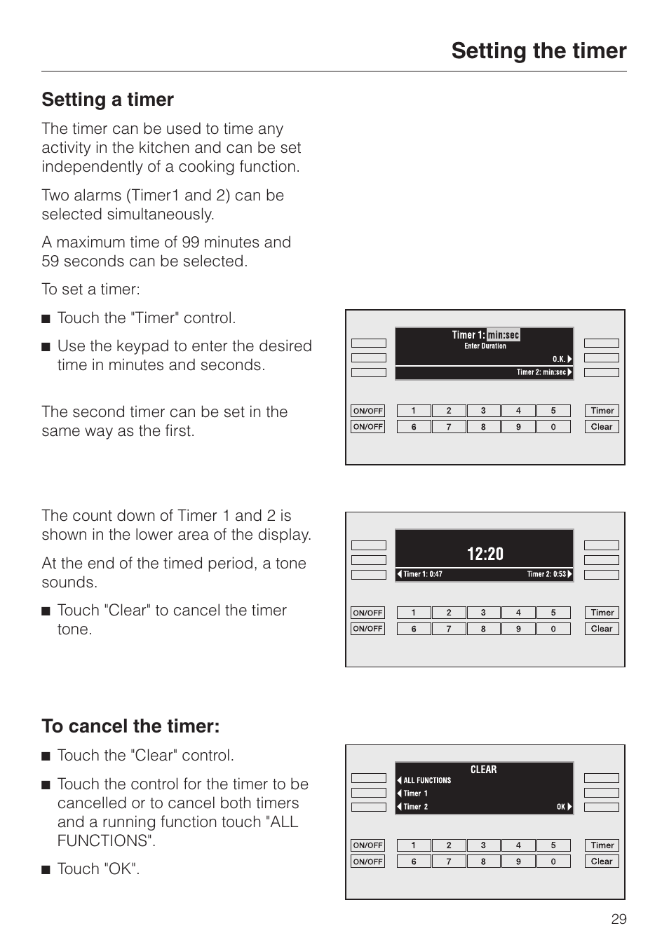 Setting the timer 29, Setting the timer, Setting a timer | Miele H398BP2 User Manual | Page 29 / 84