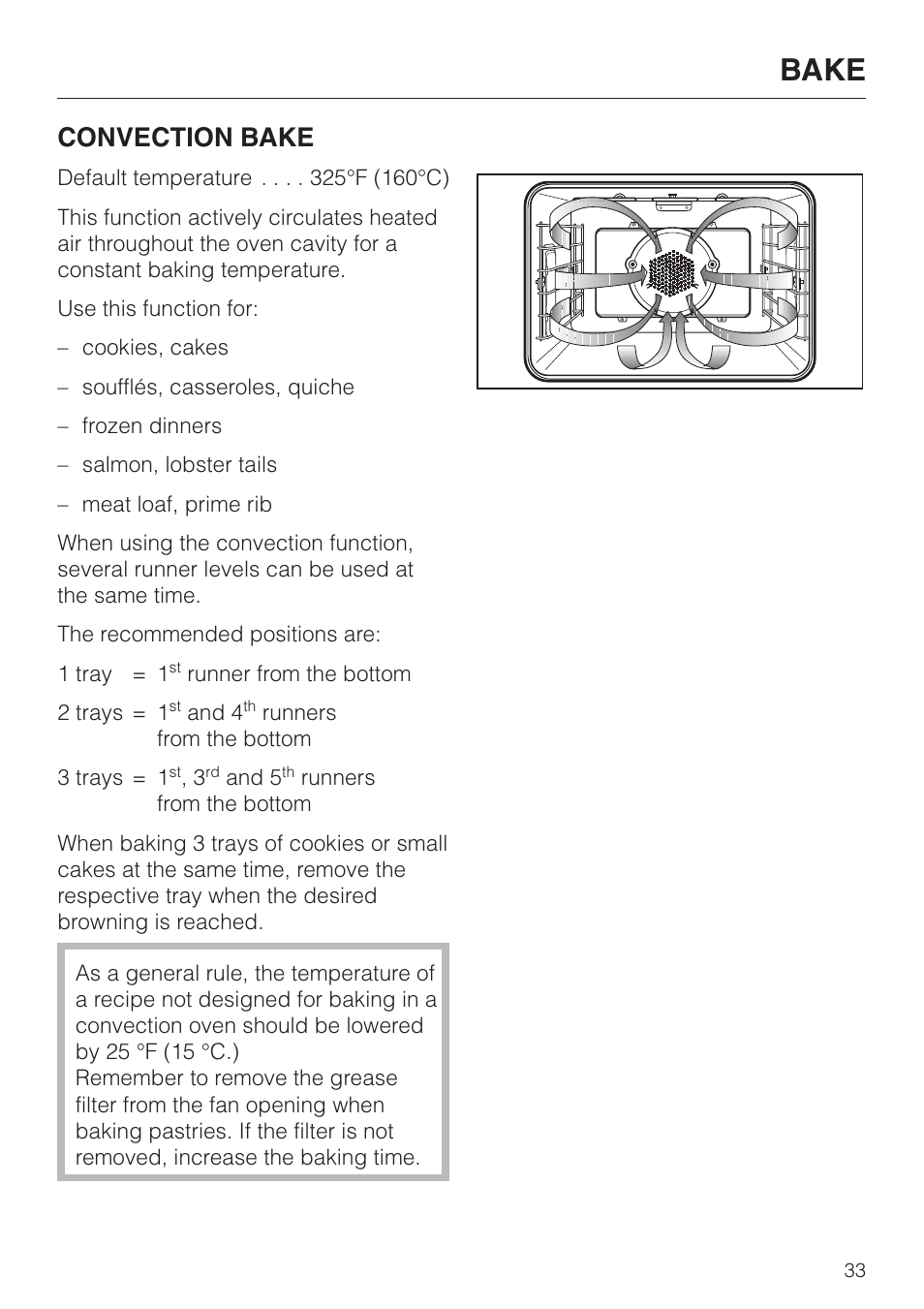 Bake, Convection bake | Miele H398BP2 User Manual | Page 33 / 84