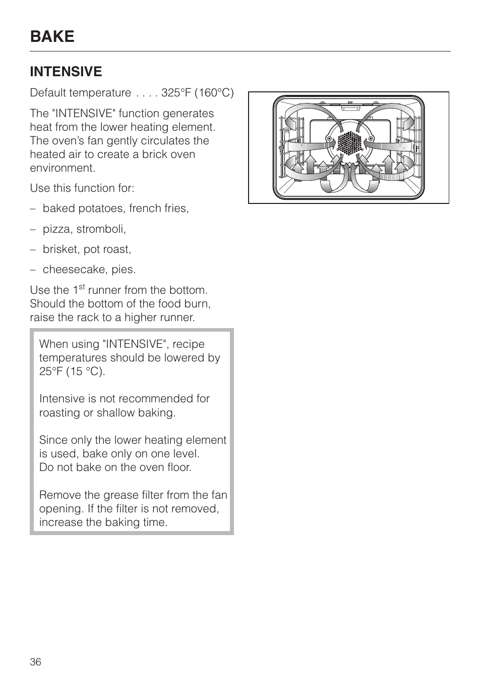 Bake, Intensive | Miele H398BP2 User Manual | Page 36 / 84