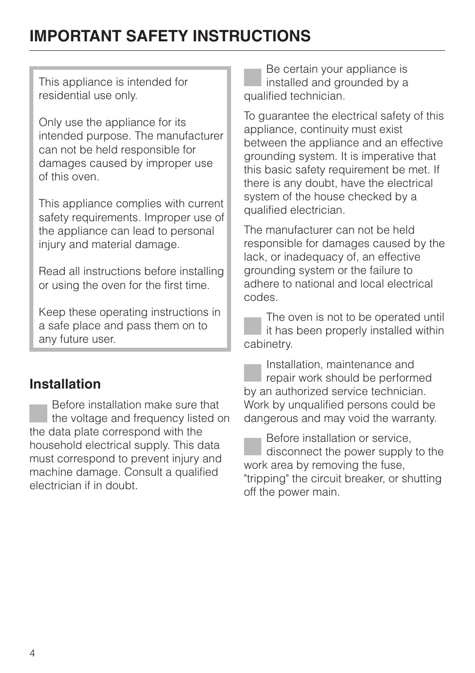 Important safety instructions 4, Important safety instructions, Installation | Miele H398BP2 User Manual | Page 4 / 84