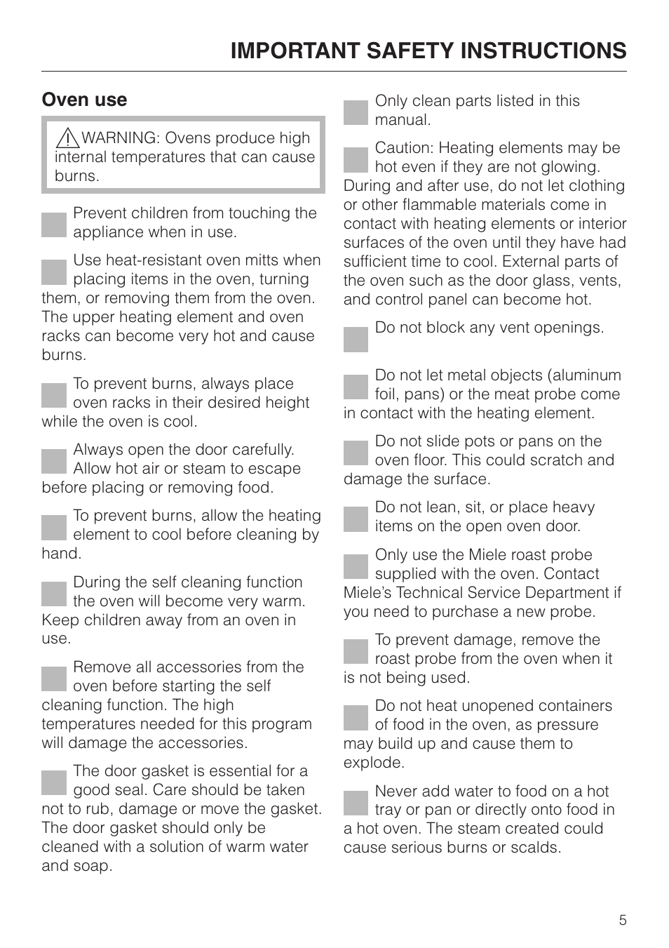 Important safety instructions, Oven use | Miele H398BP2 User Manual | Page 5 / 84