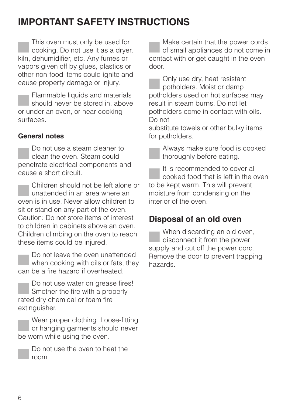 Important safety instructions, Disposal of an old oven | Miele H398BP2 User Manual | Page 6 / 84