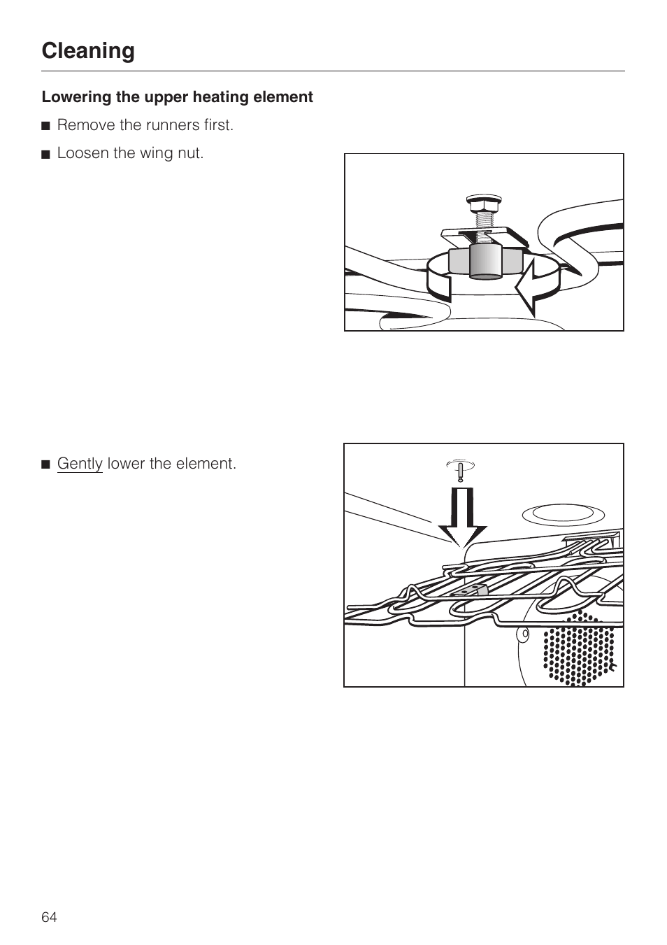 Lowering the upper heating element 64, Lowering the upper heating element, Cleaning | Miele H398BP2 User Manual | Page 64 / 84