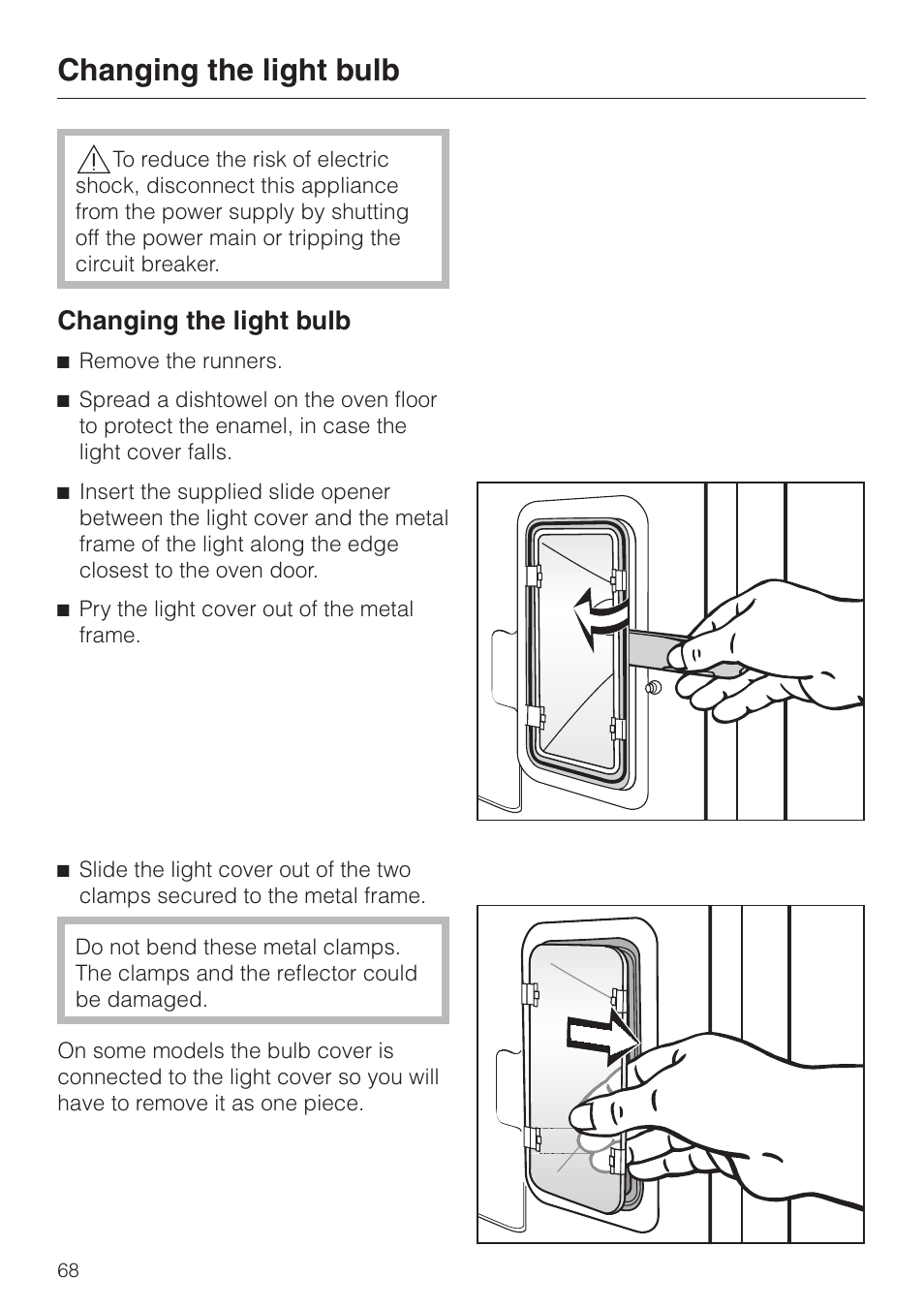 Changing the light bulb 68, Changing the light bulb | Miele H398BP2 User Manual | Page 68 / 84