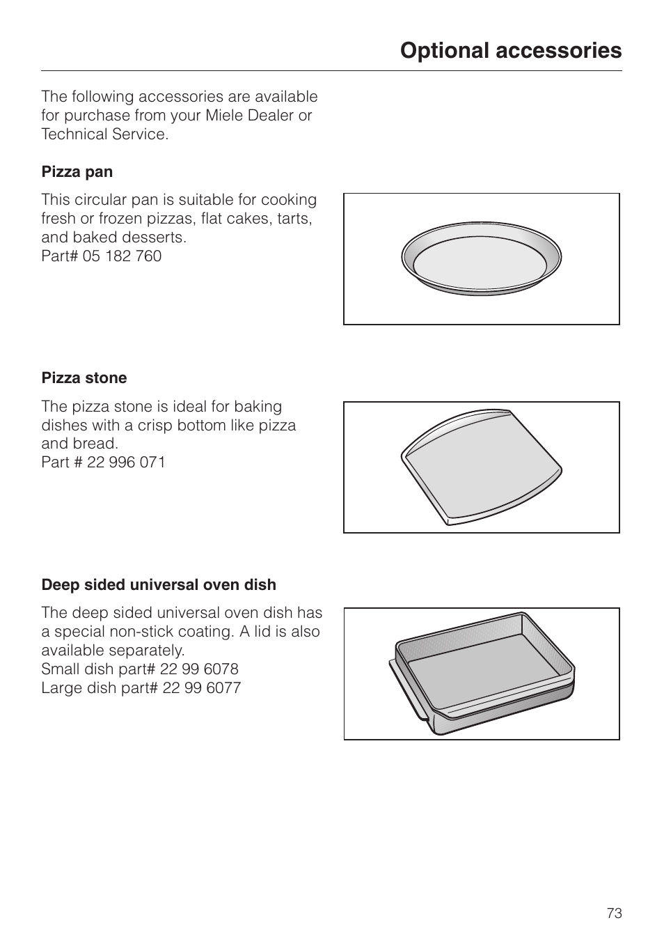 Optional accessories 73, Optional accessories | Miele H398BP2 User Manual | Page 73 / 84
