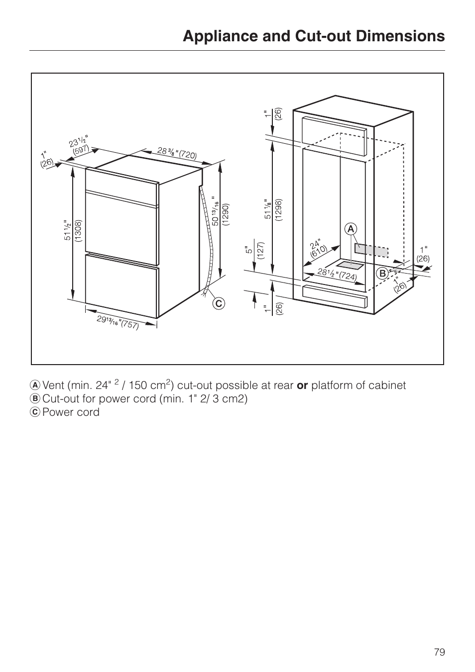 Appliance and cut-out dimensions 79, Appliance and cut-out dimensions | Miele H398BP2 User Manual | Page 79 / 84
