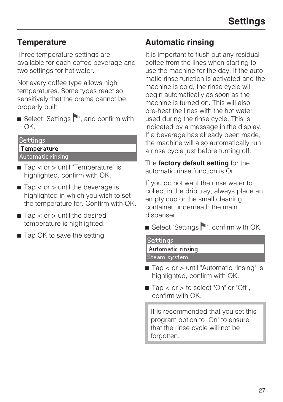 Temperature 27, Automatic rinsing 27, Settings | Temperature, Automatic rinsing | Miele COFFEE SYSTEM WITH CONVERTIBLE WATER CONNECTION CVA 4066 User Manual | Page 27 / 72