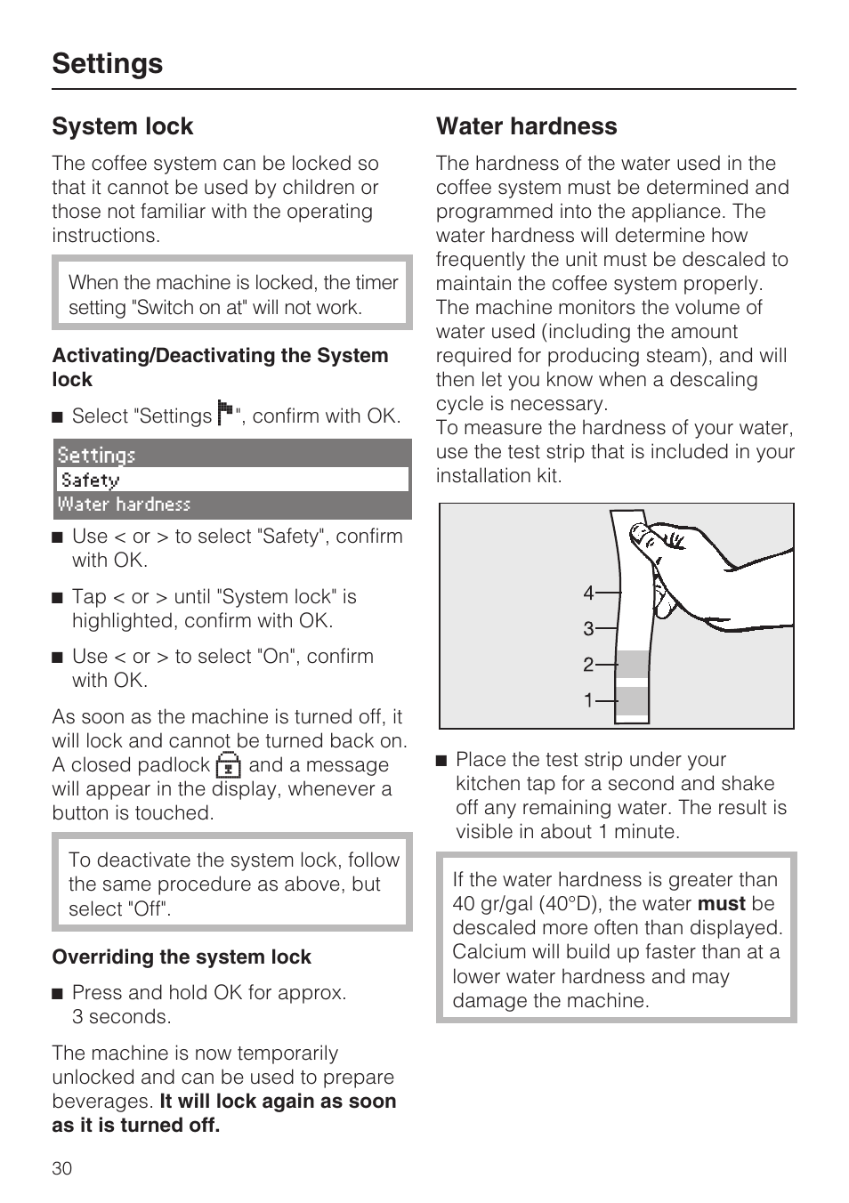 System lock 30, Water hardness 30, Settings | System lock, Water hardness | Miele COFFEE SYSTEM WITH CONVERTIBLE WATER CONNECTION CVA 4066 User Manual | Page 30 / 72