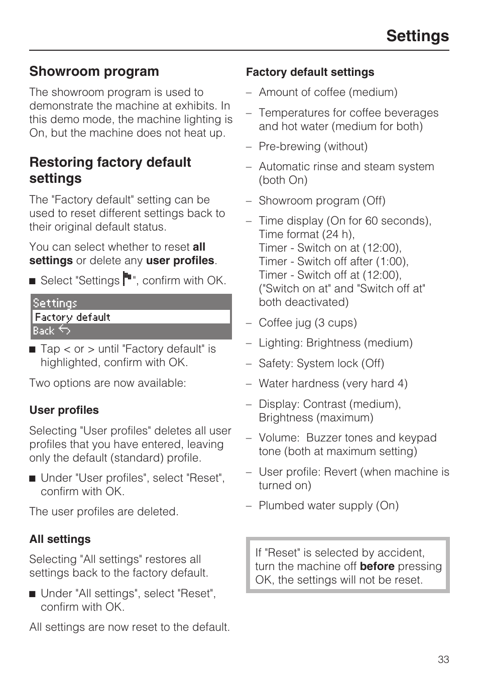Showroom program 33, Restoring factory default settings 33, Settings | Showroom program, Restoring factory default settings | Miele COFFEE SYSTEM WITH CONVERTIBLE WATER CONNECTION CVA 4066 User Manual | Page 33 / 72