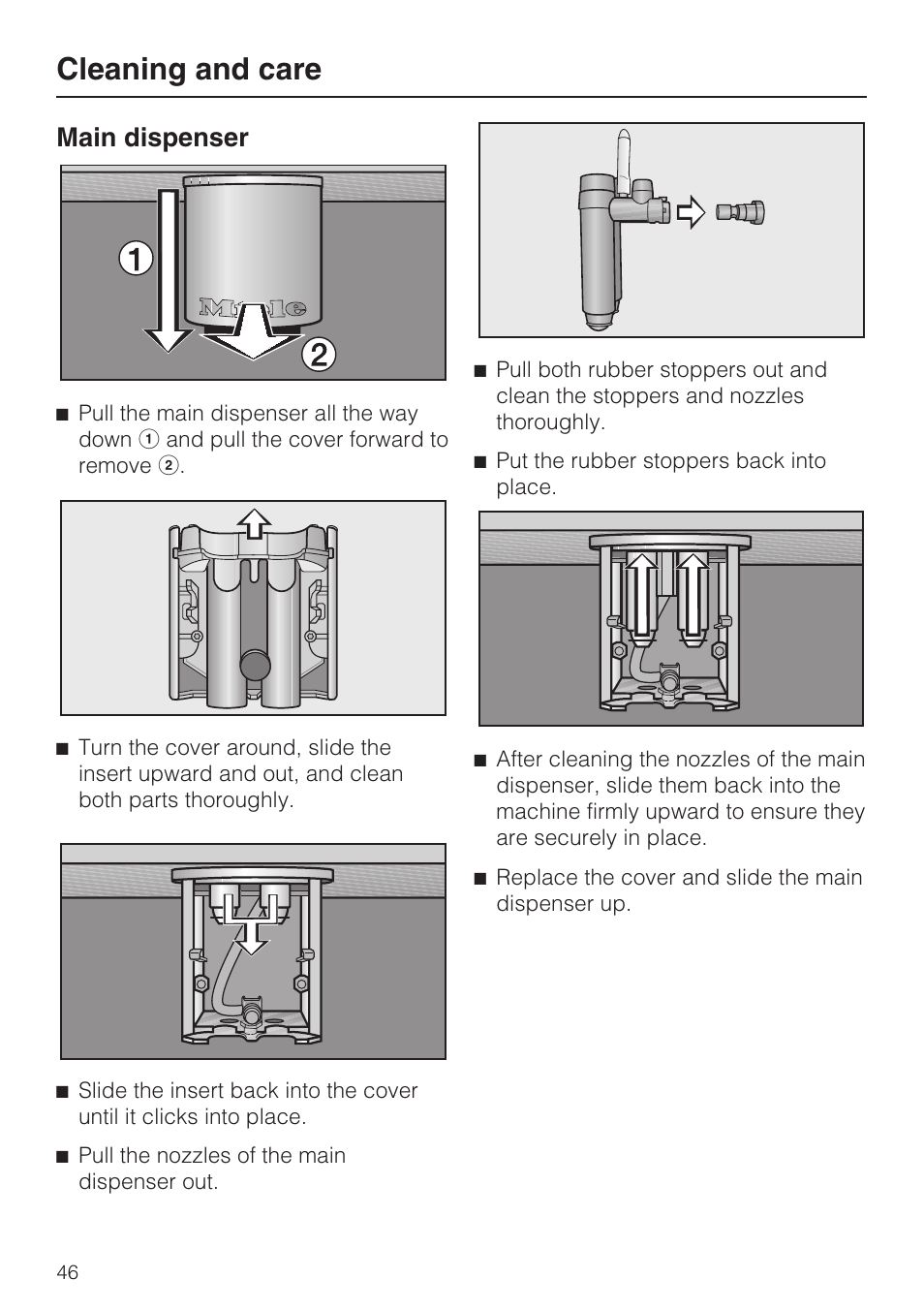 Cleaning and care, Main dispenser | Miele COFFEE SYSTEM WITH CONVERTIBLE WATER CONNECTION CVA 4066 User Manual | Page 46 / 72