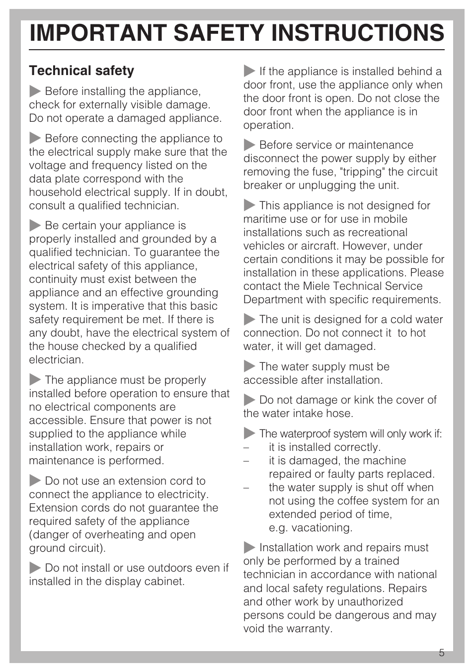 Important safety instructions | Miele COFFEE SYSTEM WITH CONVERTIBLE WATER CONNECTION CVA 4066 User Manual | Page 5 / 72